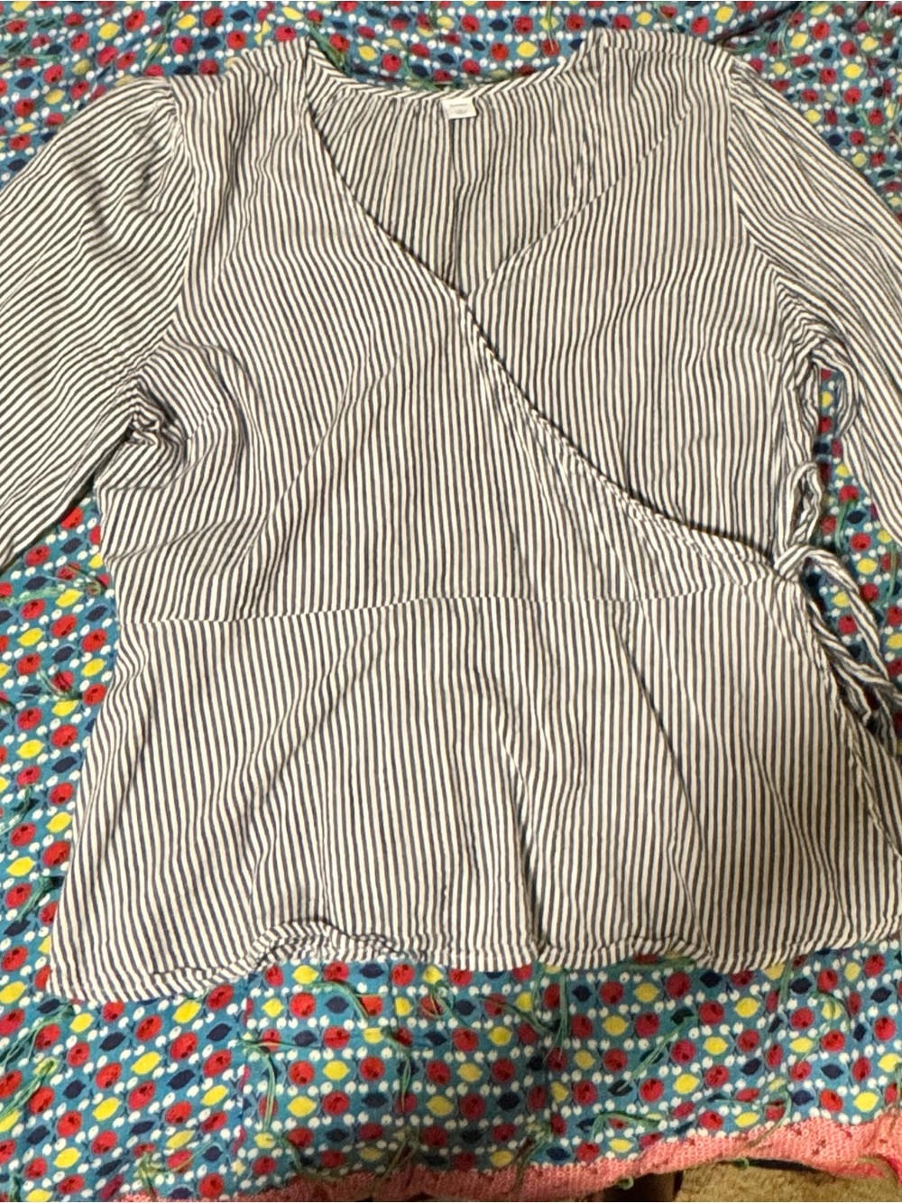 Striped Wrap Front Women’s Top - White & Grayish Blue